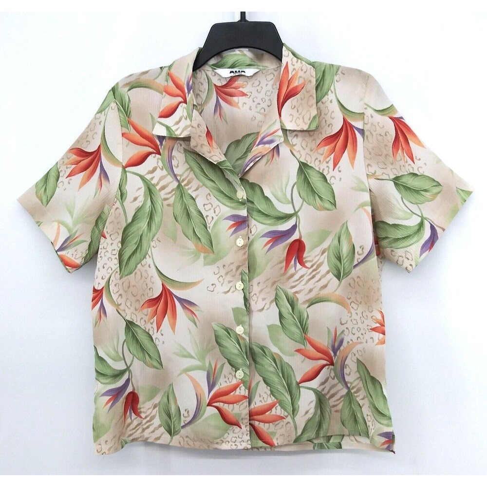 ALIA Shirt Womens Size PM Colorful Floral Short Sleeve Collared Button Up Top